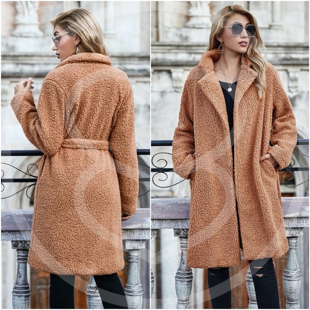 Camel fur long waist tie teddy jacket coat fall - Picture 2 of 2